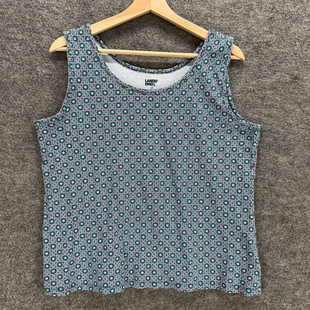 Lands' End Tank Women L Large Blue Geometric Sleeveless Wide Strap Cotton Casual